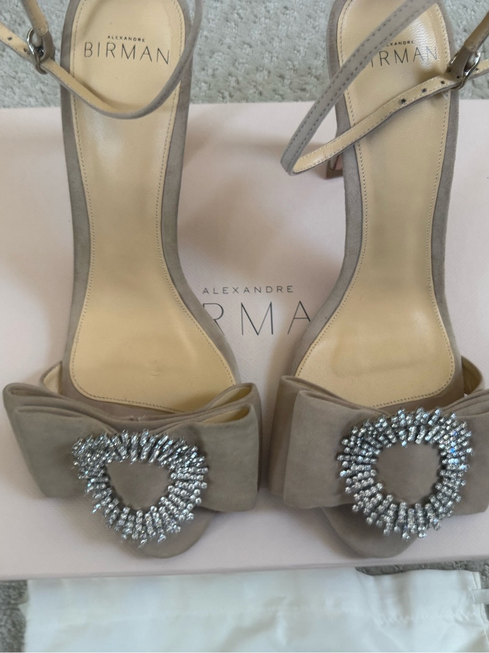 Alexandre Birman Clarita Crystal Bow Sandals Nude Suede Size 37.5 / 8